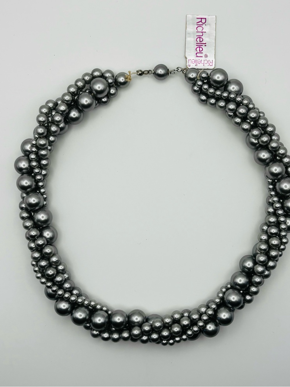 1980’s Richelieu Multi-Strand Grey Pearl Faux Torsade Necklace With Box & Tag